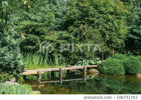 zigzag bridge over a pond in japanese garden 106731761