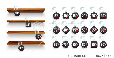 Store shelves with supermarket promotional wobblers. Wooden product shelf and advertising wobbler with percent discount. Grocery wall rack. Sale label, special offer price tag. Vector illustration 106731852