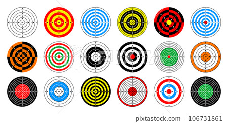 Shooting range paper targets. Round target with divisions, marks and numbers. Archery, gun shooting practise and training, sport competition and hunting. Bullseye and aim. Vector illustration 106731861