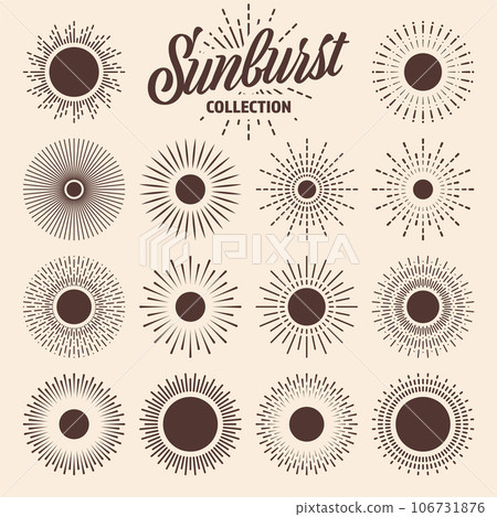 Vintage sunburst, sunset beams collection. Hand drawn bursting sun, light rays. Logotype or lettering design element in retro style. Vector illustration Vintage sunburst, sunset beams collection. Hand drawn bursting sun, light rays. Logotype or lettering design element in retro style. Vector illustration 106731876