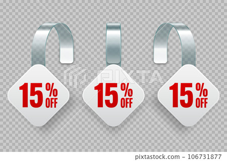 Supermarket promotional wobblers. Realistic white wobbler template for shelf advertising, 15 percent off discount. Sale label with ad text. Special offer price tag. Vector illustration Supermarket promotional wobblers. Realistic white wobbler template for shelf advertising, 15 percent off discount. Sale label with ad text. Special offer price tag. Vector illustration 106731877