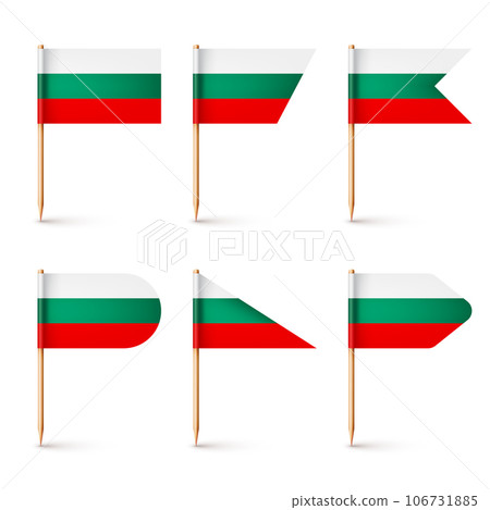 Bulgarian toothpick flags. Souvenir from Bulgaria. Wooden toothpicks with paper flag. Location mark, map pointer. Blank mockup for advertising and promotions. Vector illustration 106731885