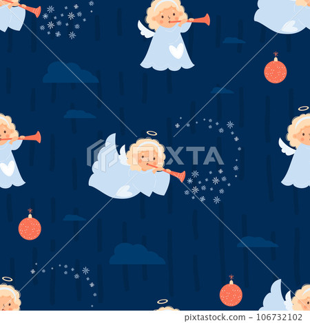Christmas Seamless pattern with cute angel blonde girl with trumpet on blue background. Vector illustration in cartoon style. Cute Xmas kids collection 106732102