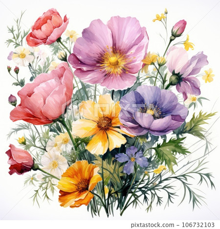 Bouquet of gorgeous colorful flowers on a white background. Watercolor. Generative AI  106732103