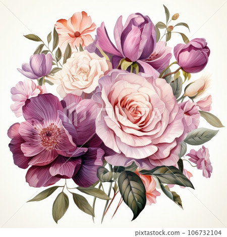 Bouquet of gorgeous colorful flowers on a white background. Watercolor. Generative AI  106732104