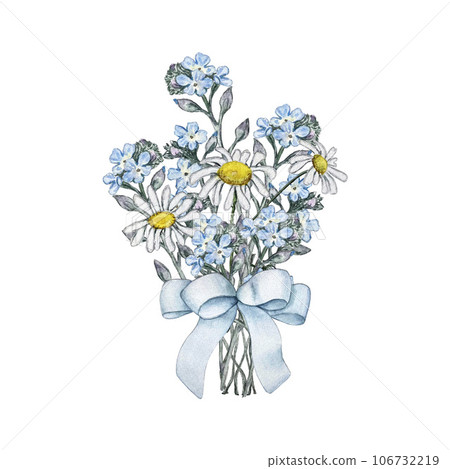 Summer bouquet of chamomile and forget me not with a blue bow. Watercolor illustrations Summer bouquet of chamomile and forget me not with a blue bow. Watercolor illustrations 106732219