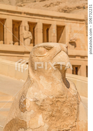 Horus Statue n front of Famous Mortuary Temple of Hatshepsut Horus Statue n front of Famous Mortuary Temple of Hatshepsut 106732231