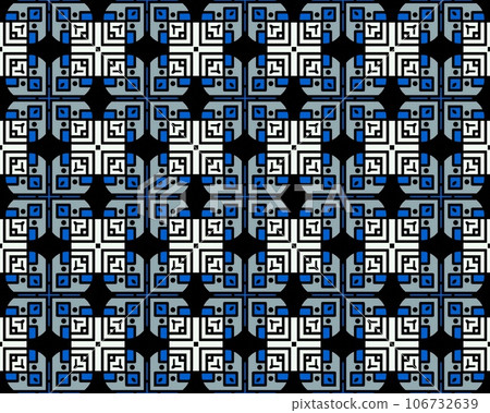 Seamless repeatable blue, white and black colored abstract pattern background Perfect for fashion, textile design, cute themed fabric, on wallpaper Seamless repeatable blue, white and black colored abstract pattern background Perfect for fashion, textile design, cute themed fabric, on wallpaper 106732639