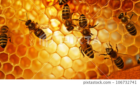 Closeup of honey bees on wax honeycomb with hexagonal cells for apiary and beekeeping concept background Closeup of honey bees on wax honeycomb with hexagonal cells for apiary and beekeeping concept background 106732741
