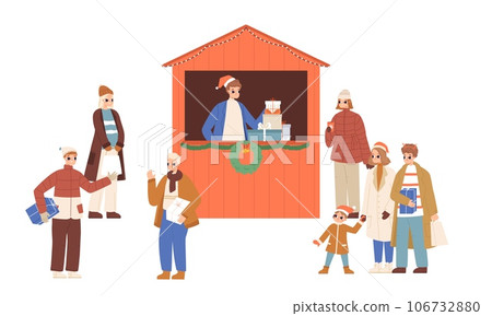 Christmas stall, winter holiday marketing. People walking and buy gifts, handmade souvenirs. Cute cartoon xmas crowd snugly vector concept Christmas stall, winter holiday marketing. People walking and buy gifts, handmade souvenirs. Cute cartoon xmas crowd snugly vector concept 106732880