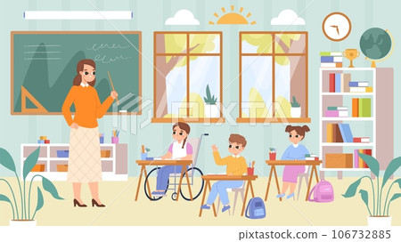 Inclusive studying in school. Disability child in wheelchair learning in class with teacher and friends. Inclusion education snugly vector scene 106732885