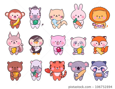 Cute tiny animals with food. Funny tiny animal, asian graphic art zoo characters. Childish stickers, fruits and vegetables, sweets nowaday vector set Cute tiny animals with food. Funny tiny animal, asian graphic art zoo characters. Childish stickers, fruits and vegetables, sweets nowaday vector set 106732894