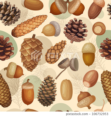 Fir cones pattern. Forest acorns collections recent vector seamless background in cartoon style 106732953