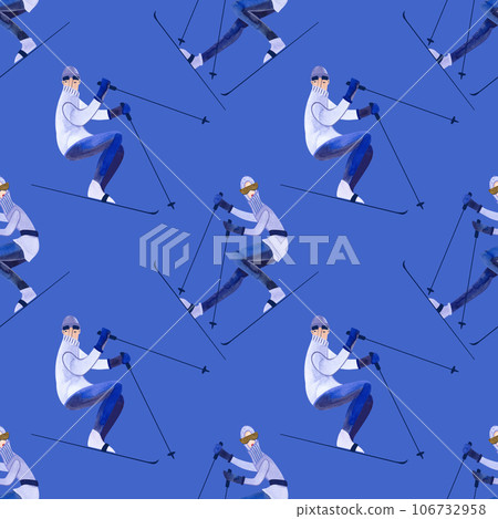 Watercolor seamless patern with skiers. Winter textile. Sport costume. Wrapping paper for ski resort souvenirs. Blue background 106732958