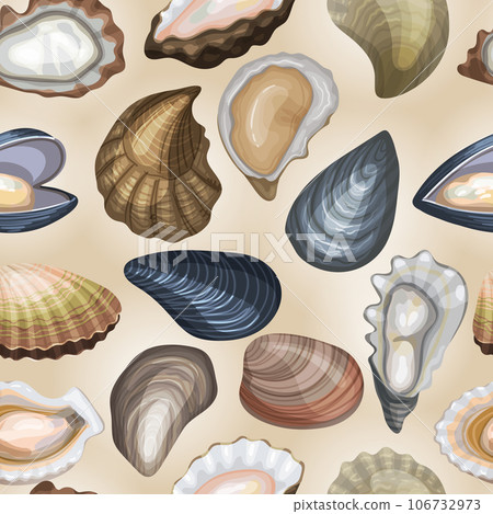 Marine food pattern. Shells collection exotic products recent vector seamless background Marine food pattern. Shells collection exotic products recent vector seamless background 106732973