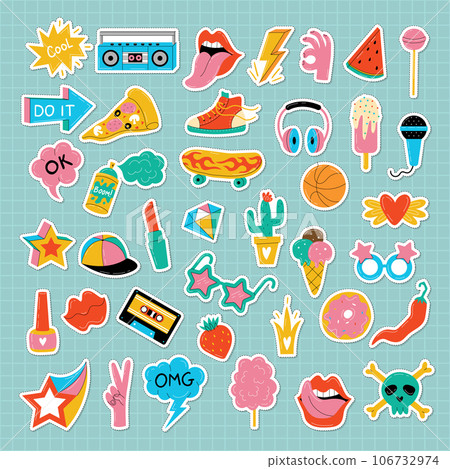 Teenage stickers. Colored fashion retro labels doodle set recent vector illustration set Teenage stickers. Colored fashion retro labels doodle set recent vector illustration set 106732974