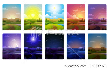 Day parts. Background of noon morning day and night recent vector cartoon landscape with weather horizon 106732976