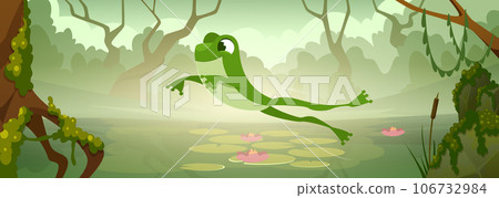 Cartoon frog background. Wild animal in lake exact vector frog jumping Cartoon frog background. Wild animal in lake exact vector frog jumping 106732984