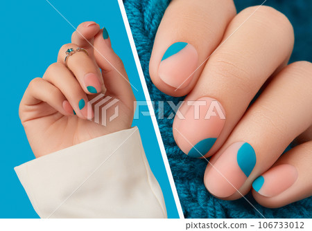 Collage with manicured womans hands on blue background. Manicure design trends Collage with manicured womans hands on blue background. Manicure design trends 106733012