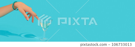 Beautiful groomed womans hand with fashionable ring touch glass of cocktail on blue background Beautiful groomed womans hand with fashionable ring touch glass of cocktail on blue background 106733013