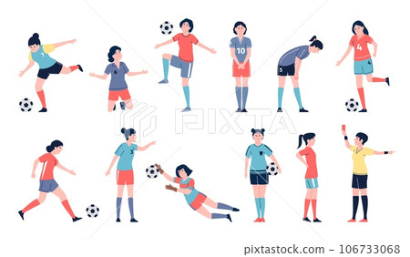 Flat female football players with ball. Soccer workouts for teenagers, professional girls players team, sport women recent vector characters Flat female football players with ball. Soccer workouts for teenagers, professional girls players team, sport women recent vector characters 106733068
