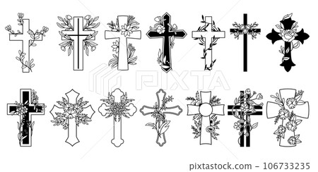 Captivating Set Of Black and White Christian Crosses Adorned With Intricate Floral Designs, Vector Set Captivating Set Of Black and White Christian Crosses Adorned With Intricate Floral Designs, Vector Set 106733235