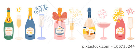 Set of Champagne Bottles, Sparkling Wine, Effervesces With Celebration. It Fills A Wineglass, Vector Illustration Set of Champagne Bottles, Sparkling Wine, Effervesces With Celebration. It Fills A Wineglass, Vector Illustration 106733244