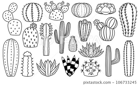 Linear Cacti Icons, Isolated Monochrome Minimalist Representations Of Cactus Plants In A Sleek, Line Art Style Linear Cacti Icons, Isolated Monochrome Minimalist Representations Of Cactus Plants In A Sleek, Line Art Style 106733245