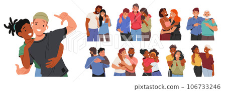 Set of Male and Female Characters Embrace, A Friendly Hug Communicates Affection, Support, And Connection Set of Male and Female Characters Embrace, A Friendly Hug Communicates Affection, Support, And Connection 106733246
