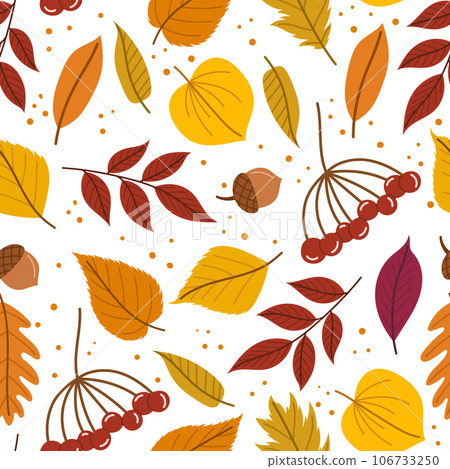 Charming Seamless Pattern Adorned With Golden Autumn Leaves, Berries And Acorns, Creating A Warm Atmosphere Charming Seamless Pattern Adorned With Golden Autumn Leaves, Berries And Acorns, Creating A Warm Atmosphere 106733250