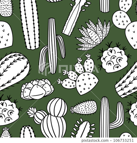Seamless Pattern Featuring Linear Cacti Plants On Green Background, Creating A Modern Desert Vibe With Clean Lines Seamless Pattern Featuring Linear Cacti Plants On Green Background, Creating A Modern Desert Vibe With Clean Lines 106733251
