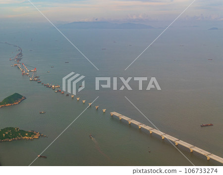 Aerial view of the Hong Kong Zhuhai Macau Bridge construction site Aerial view of the Hong Kong Zhuhai Macau Bridge construction site 106733274