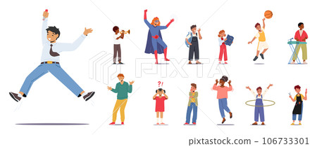 Set Of Children. Girls And Boys Characters Jump, Spin Hula Hoop, Learn Sky Map, Play Trumpet, Schoolboy Jump 106733301