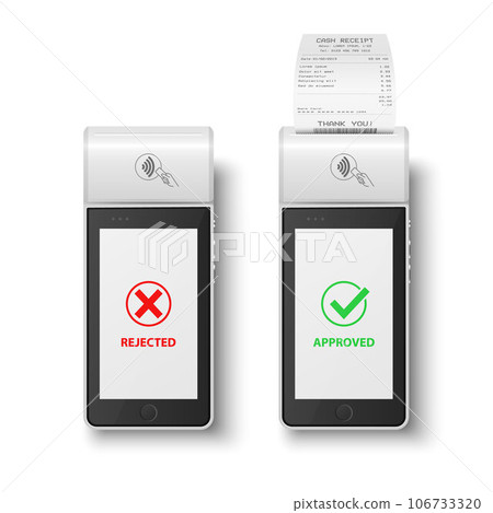 Vector 3d White NFC Payment Machine with Rejected and Approved Status, Paper Cash Receipt, Bill. Payment POS Terminal, Machine Design Template of Bank Payment Contactless Terminal, Mockup. Top View 106733320