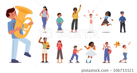 Set Children. Girls And Boys Characters Play Trumpet, Walk To School, Rejoice And Jump. Wear Police Officer And Rabbit Set Children. Girls And Boys Characters Play Trumpet, Walk To School, Rejoice And Jump. Wear Police Officer And Rabbit 106733321