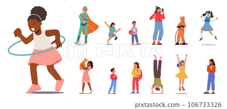 Set of Children. Girls or Boys Characters Spin Hula Hoop, Wear Firefighter or School Uniform, Super Hero Costume Set of Children. Girls or Boys Characters Spin Hula Hoop, Wear Firefighter or School Uniform, Super Hero Costume 106733326