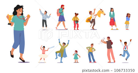 Set of Children. Girls and Boys Characters Win Competition with Cup and Medal, Dance Ballet, Walk to School, Play Set of Children. Girls and Boys Characters Win Competition with Cup and Medal, Dance Ballet, Walk to School, Play 106733350