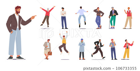 Set of Different Men Wear Formal and Casual Clothes. Old and Young Male Characters Jump, rejoice, Hurry at Work 106733355