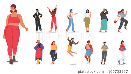 Set of Different Women. Curve and Slim, Old and Young, Happy and Confused Female Characters, Youth Girls and Aged 106733357