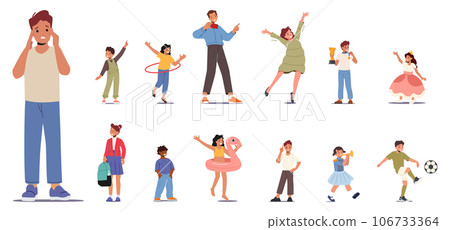 Set of Children. Girls and Boys Characters with Happy and Unhappy Face Expression, with Inflatable Ring, Smartphone 106733364