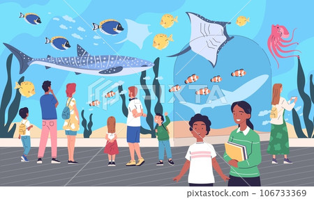 People in aquarium. Family visit oceanarium, children looking variety underwater sea fish, kid watch shark behind glass, marine animal zoo museum concept classy vector illustration People in aquarium. Family visit oceanarium, children looking variety underwater sea fish, kid watch shark behind glass, marine animal zoo museum concept classy vector illustration 106733369