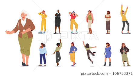 Set of Different Women. African or Caucasian Female Characters, Senior Ladies and Young Girls Listen Music, Drink Tea Set of Different Women. African or Caucasian Female Characters, Senior Ladies and Young Girls Listen Music, Drink Tea 106733371
