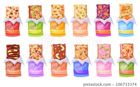 Granola bars. Cereal bar slow carbohydrates, muesli protein sport snacks with nuts oats cereal in package sugar fruit dessert natural nutrition oat cookie, neat vector illustration Granola bars. Cereal bar slow carbohydrates, muesli protein sport snacks with nuts oats cereal in package sugar fruit dessert natural nutrition oat cookie, neat vector illustration 106733374