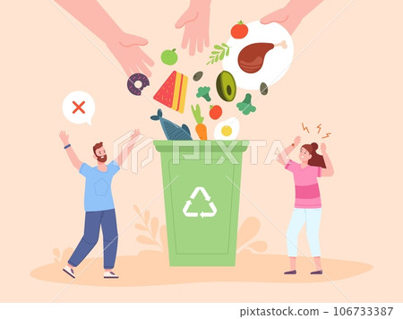 Food waste leftovers. Bad attitude to environment and foods wastage problem concept, hands throw organic trash from plate in bin container, separated garbage vector illustration Food waste leftovers. Bad attitude to environment and foods wastage problem concept, hands throw organic trash from plate in bin container, separated garbage vector illustration 106733387