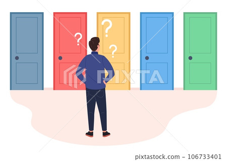 Choosing right door. Life way selection opportunity, lost man with question select route in multiple option of career goal, student choice, find decision vector illustration Choosing right door. Life way selection opportunity, lost man with question select route in multiple option of career goal, student choice, find decision vector illustration 106733401