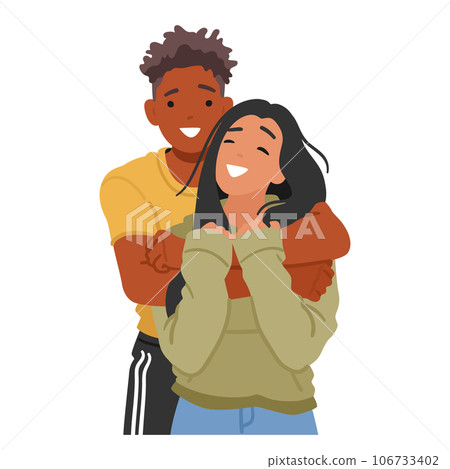 Innocent Embrace, A Young Boy And Girl Share A Warm, Friendly Hug, Male and Female Character Radiating Smiles 106733402