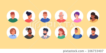 User portraits frames. Multicultural people head with aged and young faces for employee profile or person avatar, isolated different userpic man woman character vector illustration 106733407