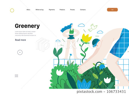 Greenery, ecology -modern flat vector concept illustration of people around the swimming pool of plants and flowers. Metaphor of environmental sustainability and protection, closeness to nature 106733431
