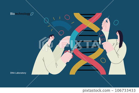 Bio Technology, DNA Laboratory -modern vector concept illustration of scientists dissecting DNA double helix, manipulating and rearranging fragments. Metaphor of advancements in agriculture, medicine 106733433