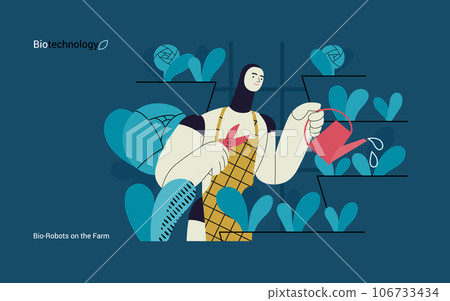 Bio Technology, Robot on farm -modern flat vector concept illustration of bio-robot engaged in agricultural activities. Metaphor of robotics and biotechnology integration, efficiency, sustainability 106733434
